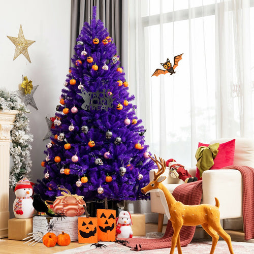 Artificial Prelit Purple Halloween Tree with Orange Lights and Pumpkin Ornaments-7', Purple