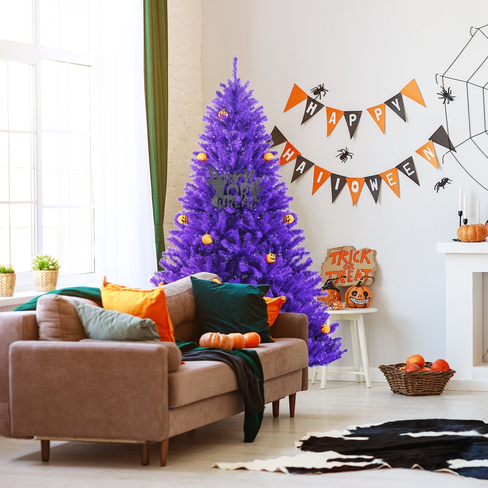 Artificial Prelit Purple Halloween Tree with Orange Lights and Pumpkin Ornaments-6', Purple - Gallery Canada