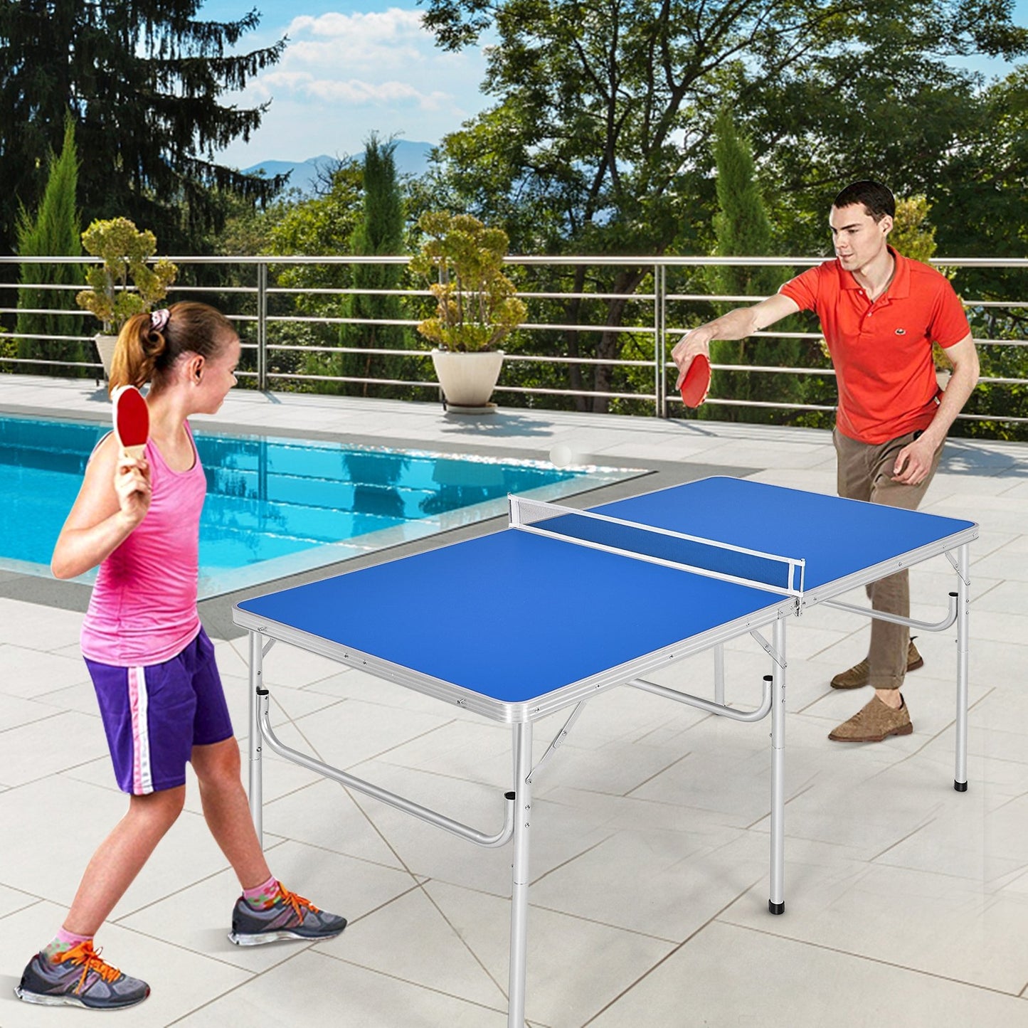 60 Inch Portable Tennis Ping Pong Folding Table with Accessories, Blue at Gallery Canada