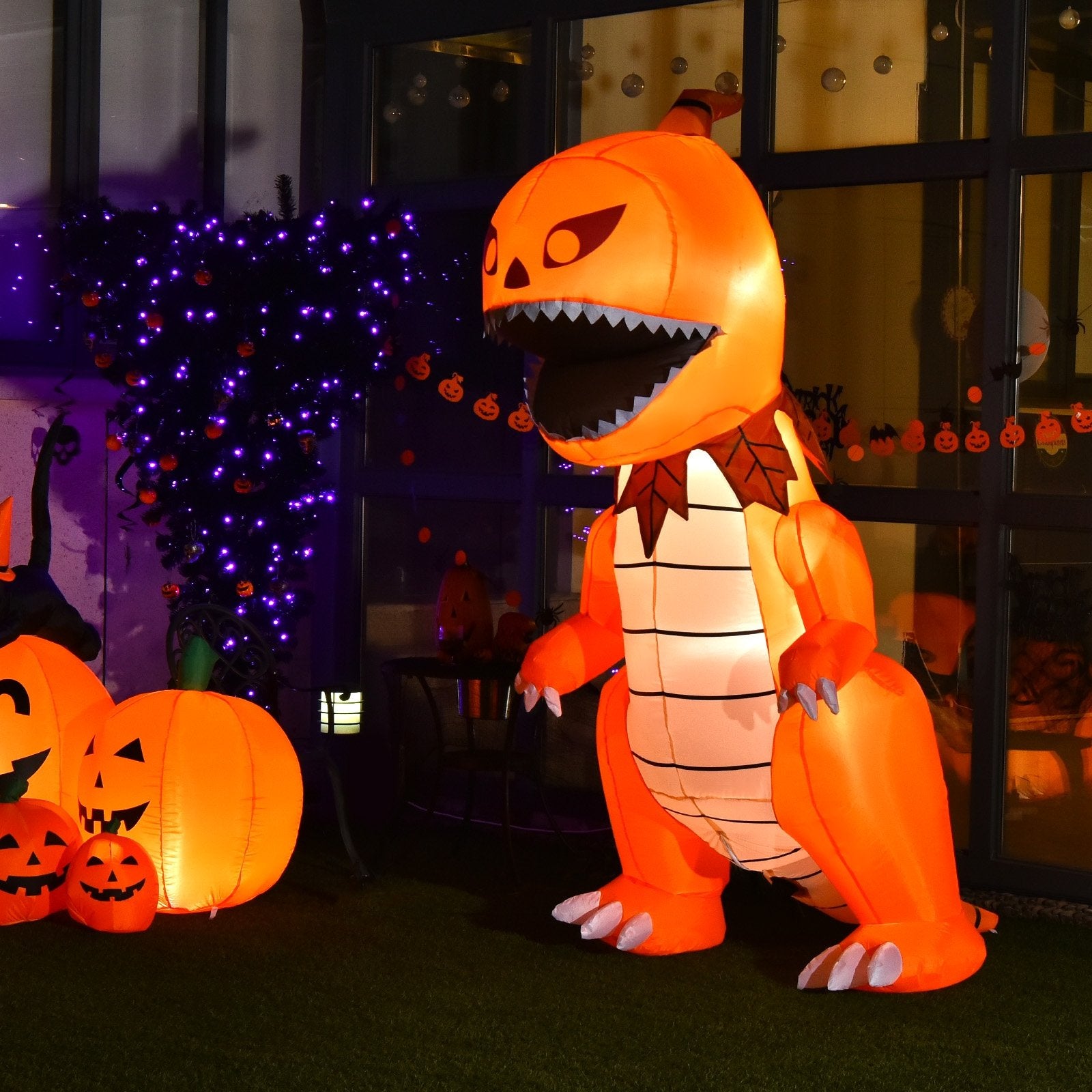 8 Feet Halloween Inflatables Pumpkin Head Dinosaur with LED Lights and 4 Stakes, Orange - Gallery Canada