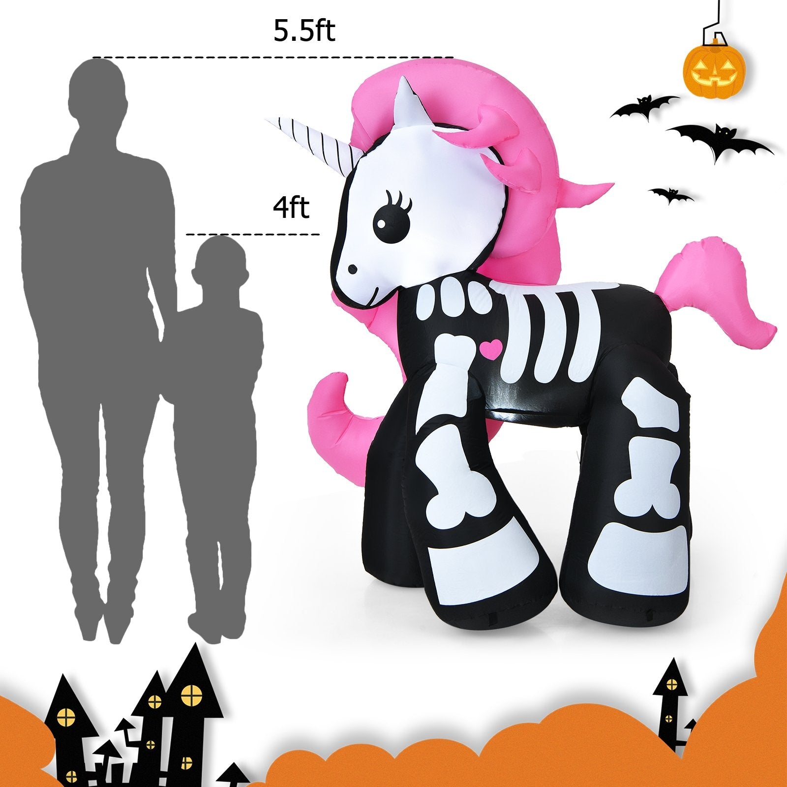 5.5 Feet Halloween Inflatables Skeleton Unicorn with Built-in LED Lights, Multicolor - Gallery Canada