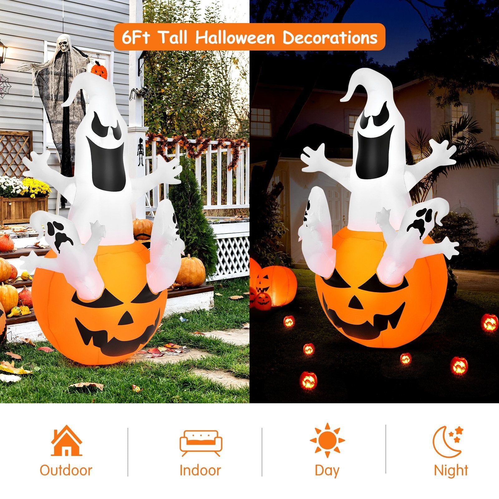 6 Feet Pumpkin-Halloween Blow Up Yard Decorations with Build-in LED Light, Orange - Gallery Canada
