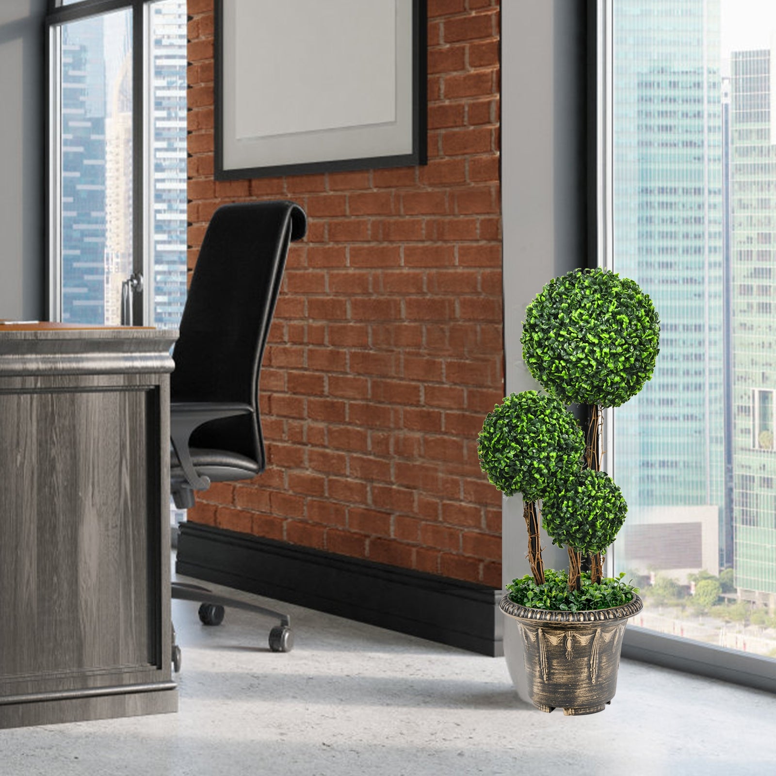 30 Inch Artificial Topiary Triple Ball Tree Indoor and Outdoor UV Protection, Green Faux Plants at Gallery Canada