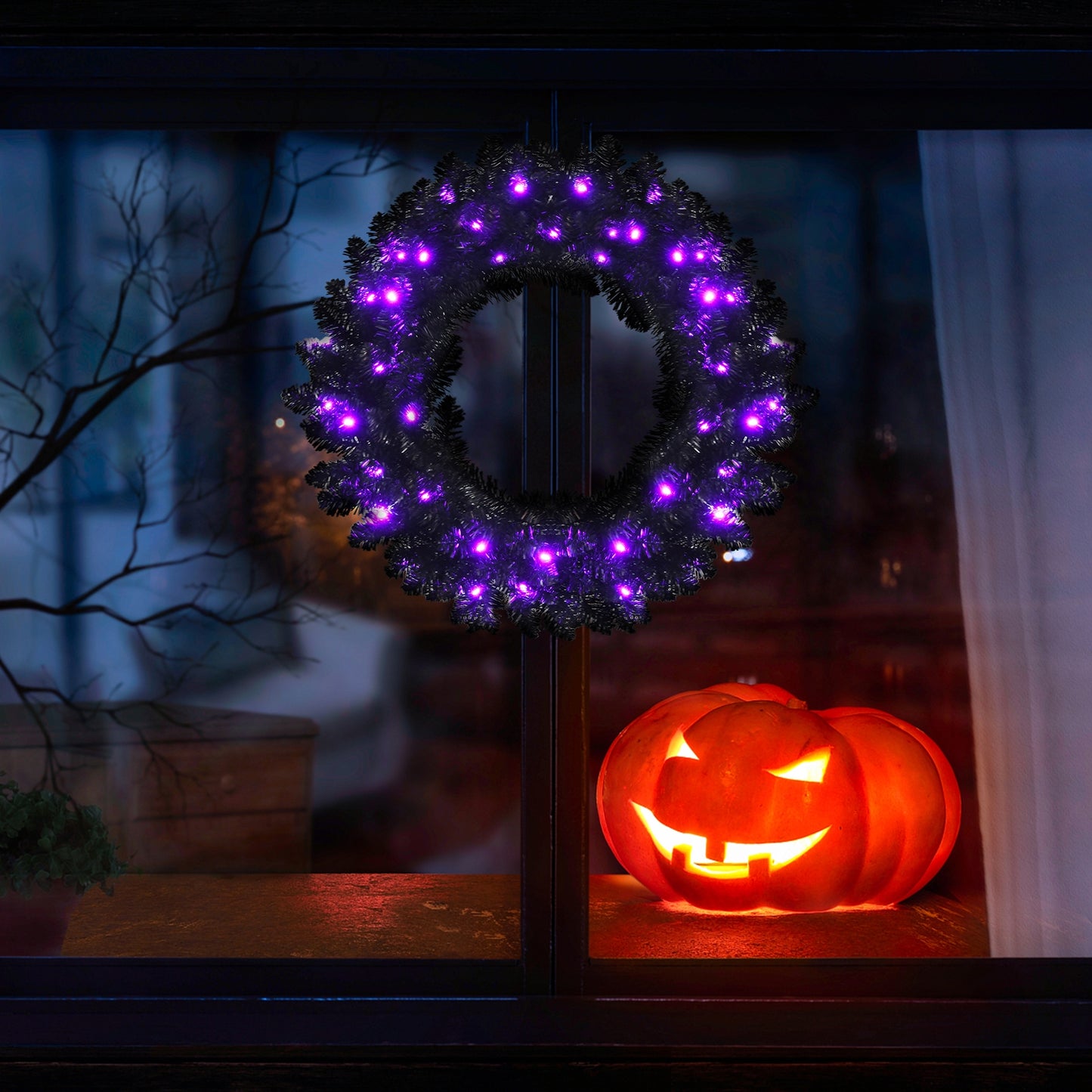 24 Inch Pre-lit Halloween Wreath with 35 Purple LED Lights, Black Halloween at Gallery Canada