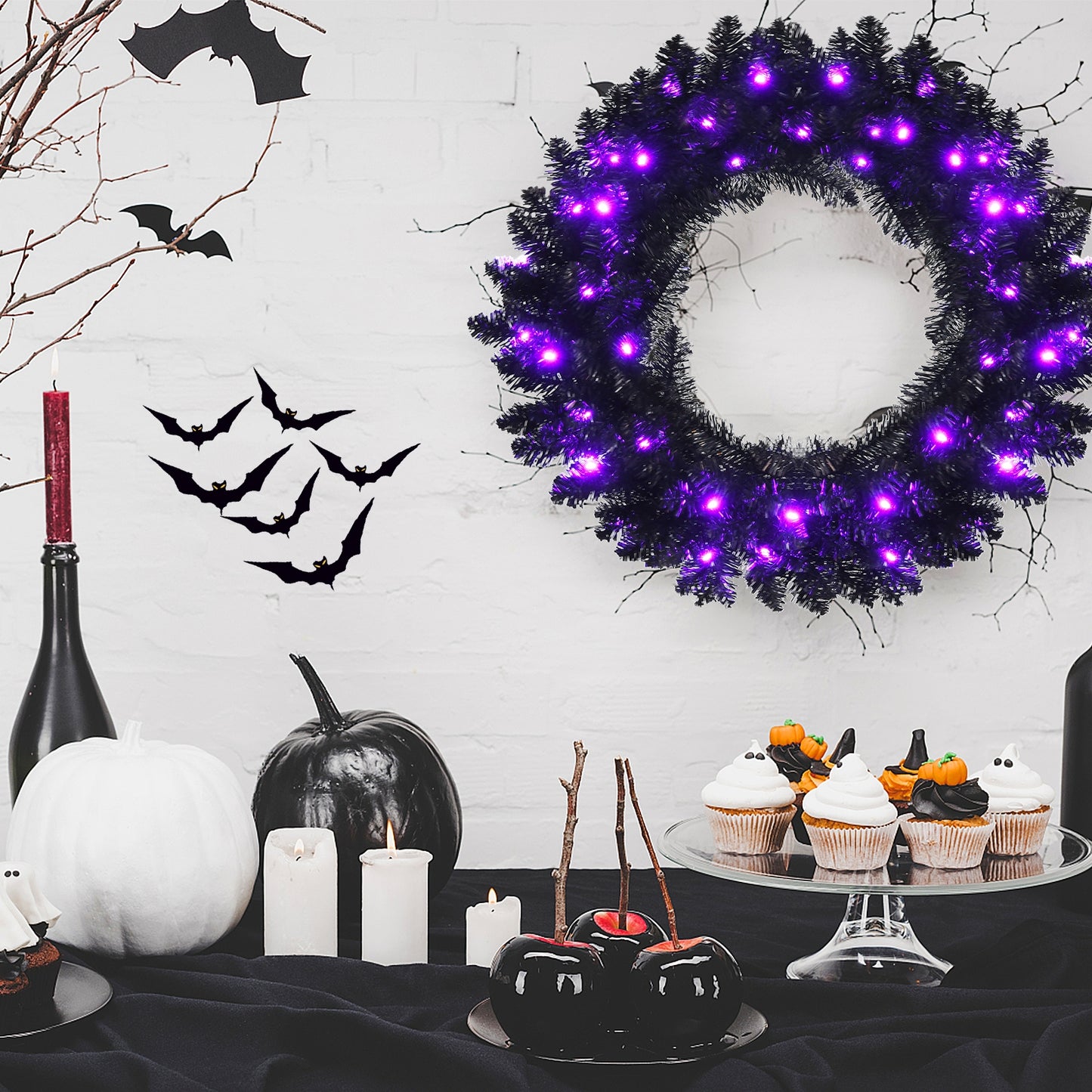 24 Inch Pre-lit Halloween Wreath with 35 Purple LED Lights, Black Halloween at Gallery Canada