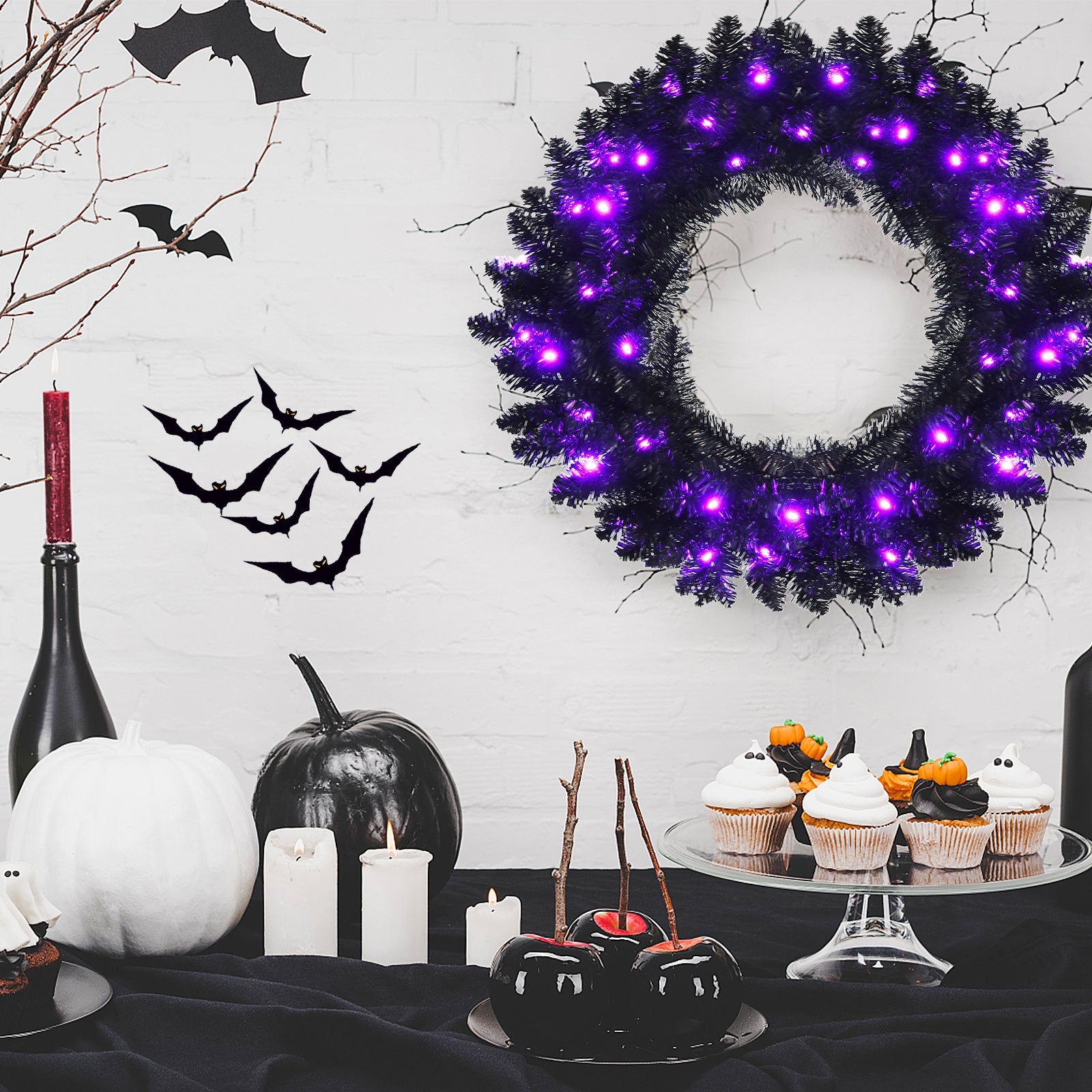 24 Inch Pre-lit Halloween Wreath with 35 Purple LED Lights, Black Halloween at Gallery Canada