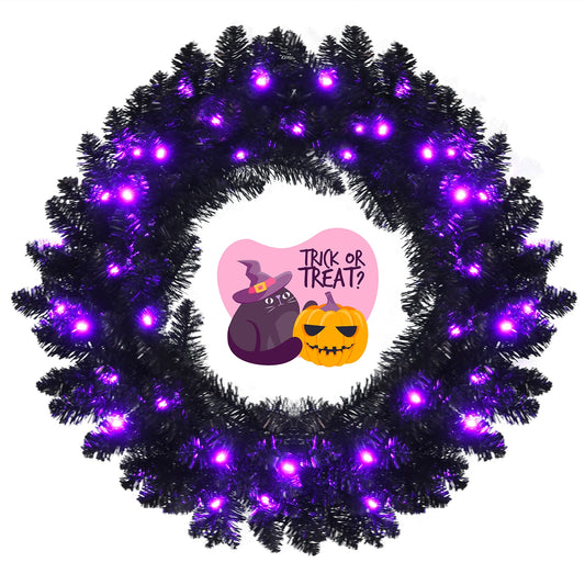 24 Inch Halloween Wreath, LED Lights, Black, Purple Halloween Black at Gallery Canada