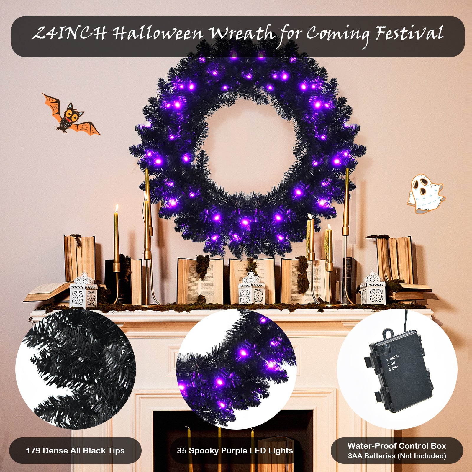 24 Inch Pre-lit Halloween Wreath with 35 Purple LED Lights, Black Halloween at Gallery Canada