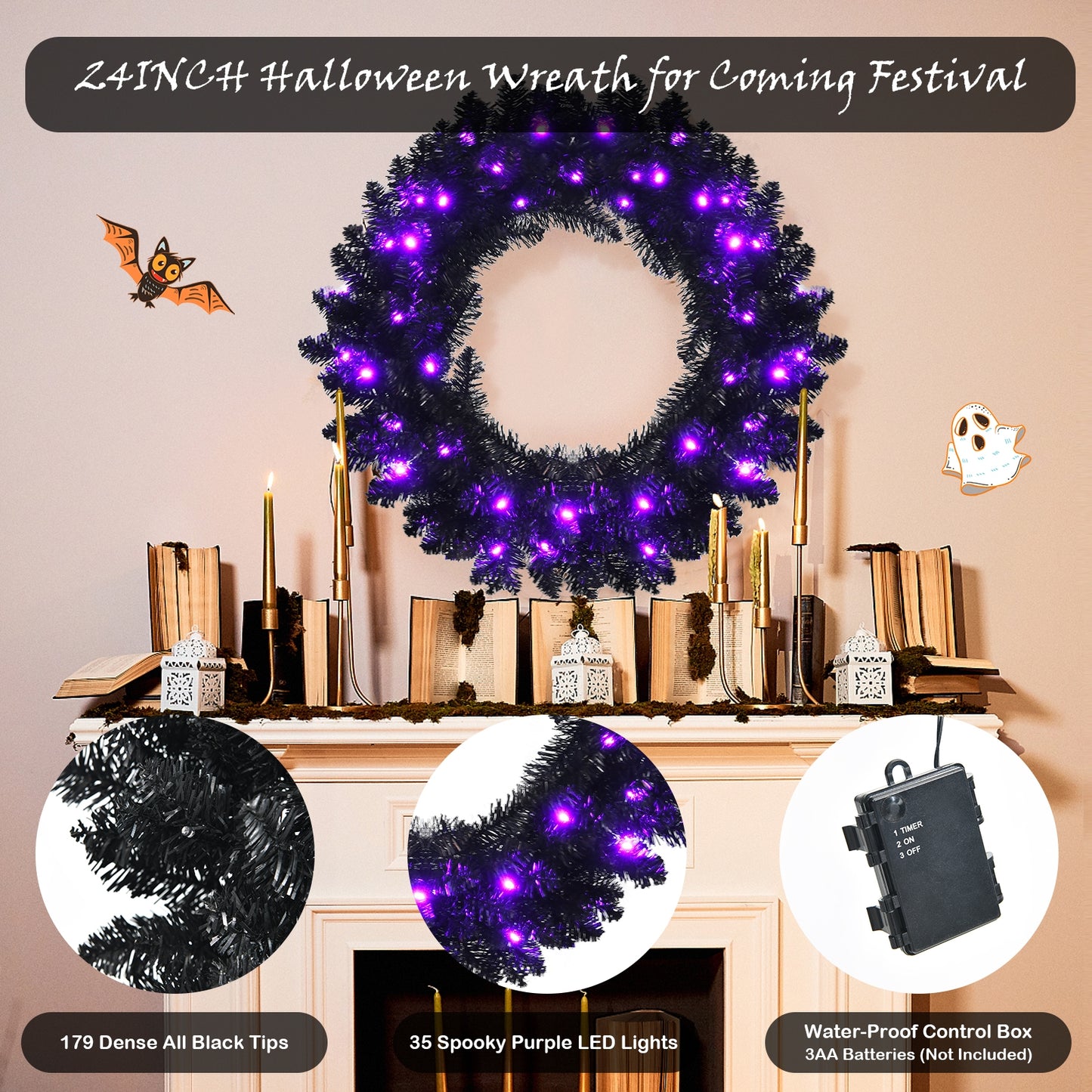 24 Inch Pre-lit Halloween Wreath with 35 Purple LED Lights, Black Halloween at Gallery Canada