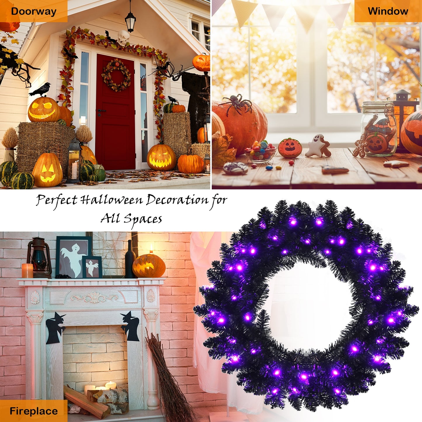 24 Inch Pre-lit Halloween Wreath with 35 Purple LED Lights, Black Halloween at Gallery Canada