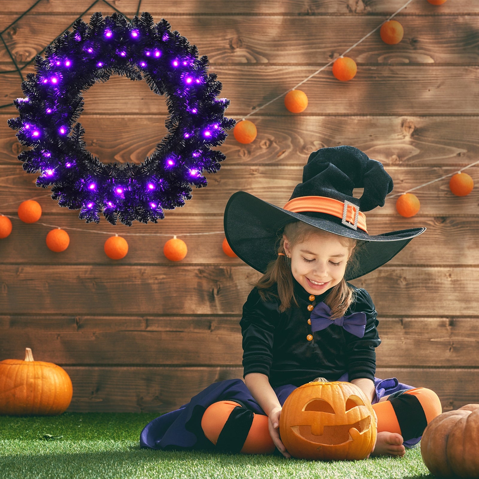 24 Inch Pre-lit Halloween Wreath with 35 Purple LED Lights, Black Halloween at Gallery Canada