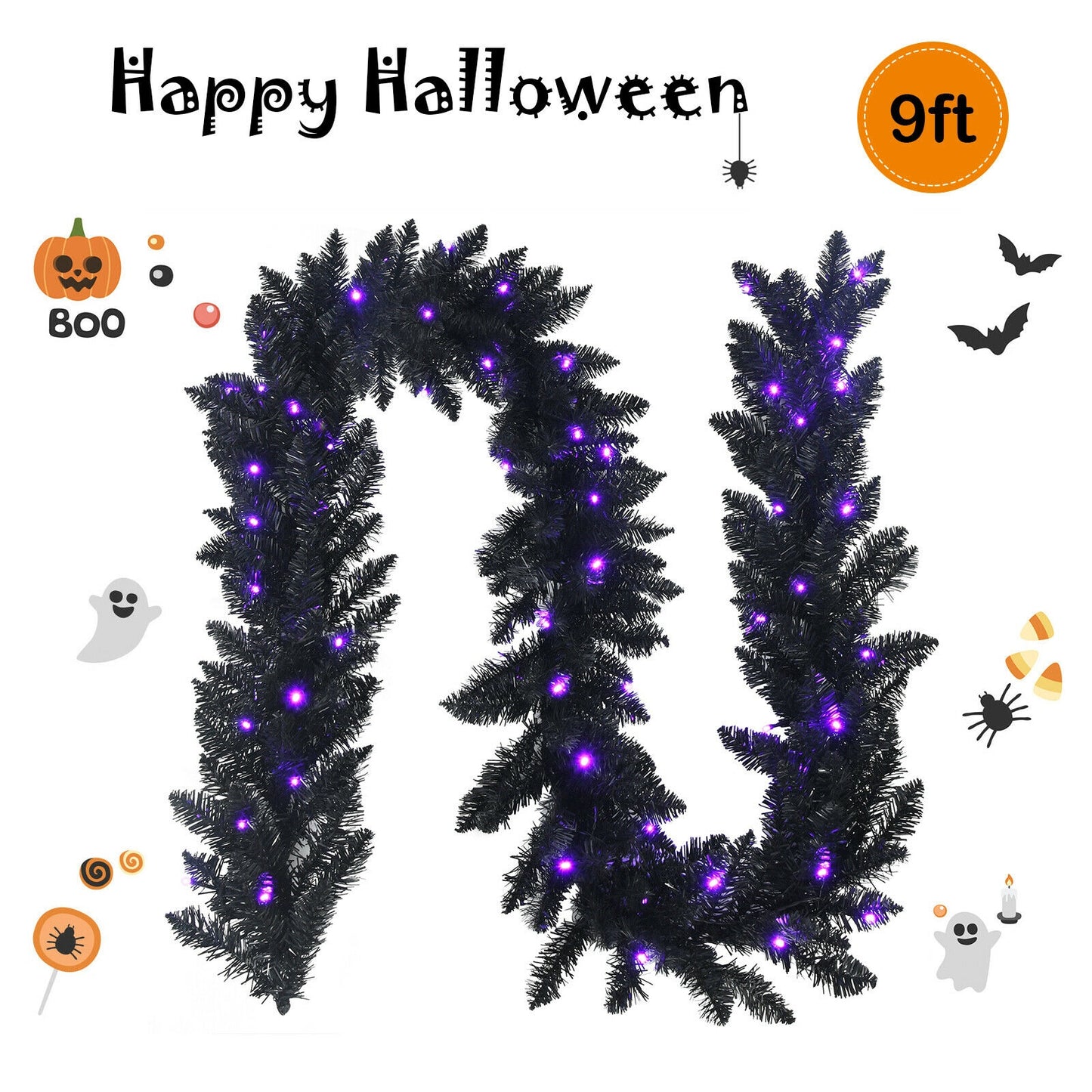 9 Feet Pre-lit Christmas Halloween Garland with 50 Purple LED Lights, Black Halloween at Gallery Canada