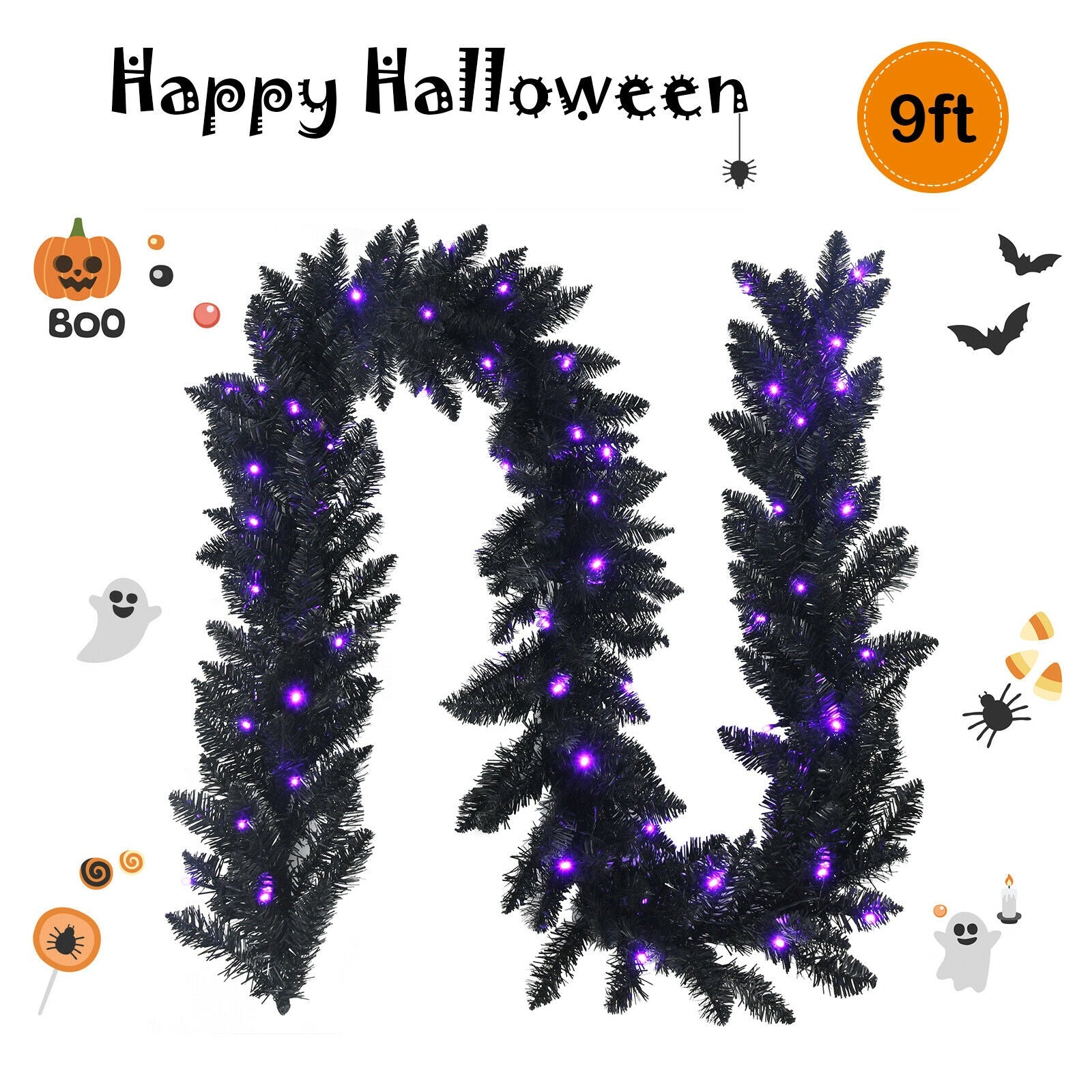 9 Feet Pre-lit Christmas Halloween Garland with 50 Purple LED Lights, Black Halloween at Gallery Canada