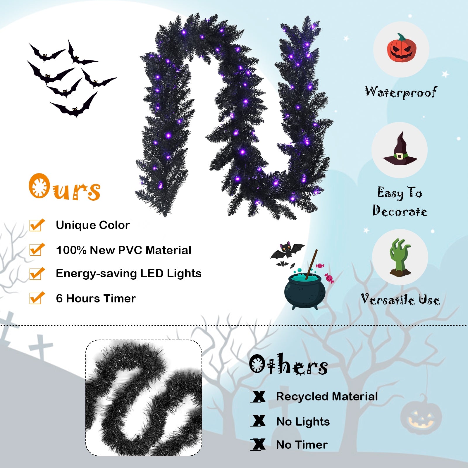 9 Feet Pre-lit Christmas Halloween Garland with 50 Purple LED Lights, Black Halloween at Gallery Canada