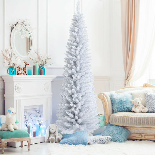7 Feet Unlit Artificial Slim Christmas Pencil Tree with Metal Stand, White Christmas Tree 7 ft at Gallery Canada