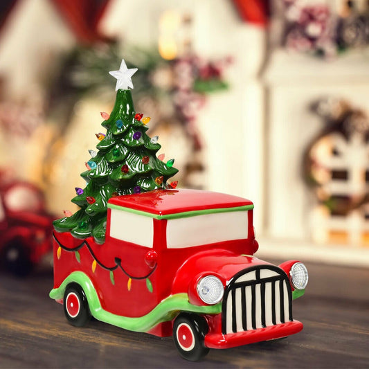 Pre-Lit Vintage Tabletop Ceramic Christmas Tree Truck with Battery, Red - Gallery Canada