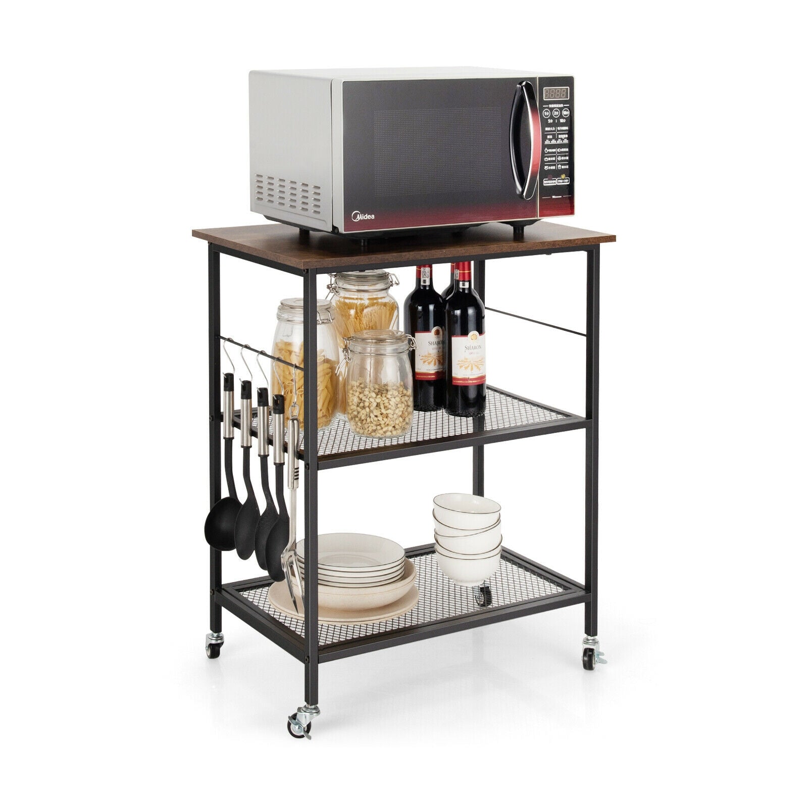 3-Tier Kitchen Serving Cart, Microwave Rack With Hooks, Brown Baker's Racks Brown at Gallery Canada
