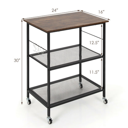 3-Tier Kitchen Serving Cart Utility Standing Microwave Rack with Hooks Brown, Brown