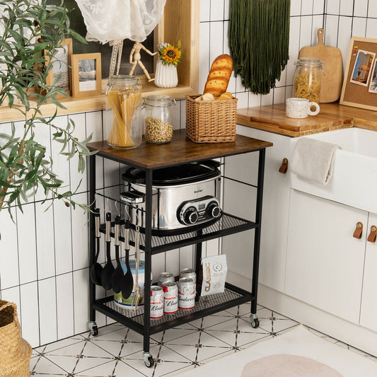 3-Tier Kitchen Serving Cart Utility Standing Microwave Rack with Hooks Brown, Brown Baker's Racks Brown at Gallery Canada