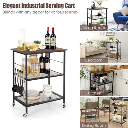 3-Tier Kitchen Serving Cart Utility Standing Microwave Rack with Hooks Brown, Brown