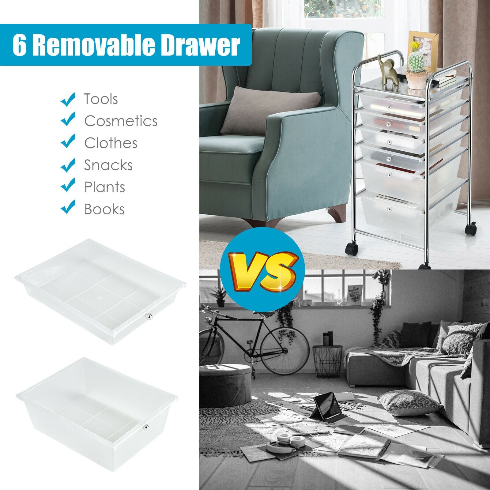 6 Drawers Rolling Storage Cart Organizer, Transparent File Cabinets at Gallery Canada