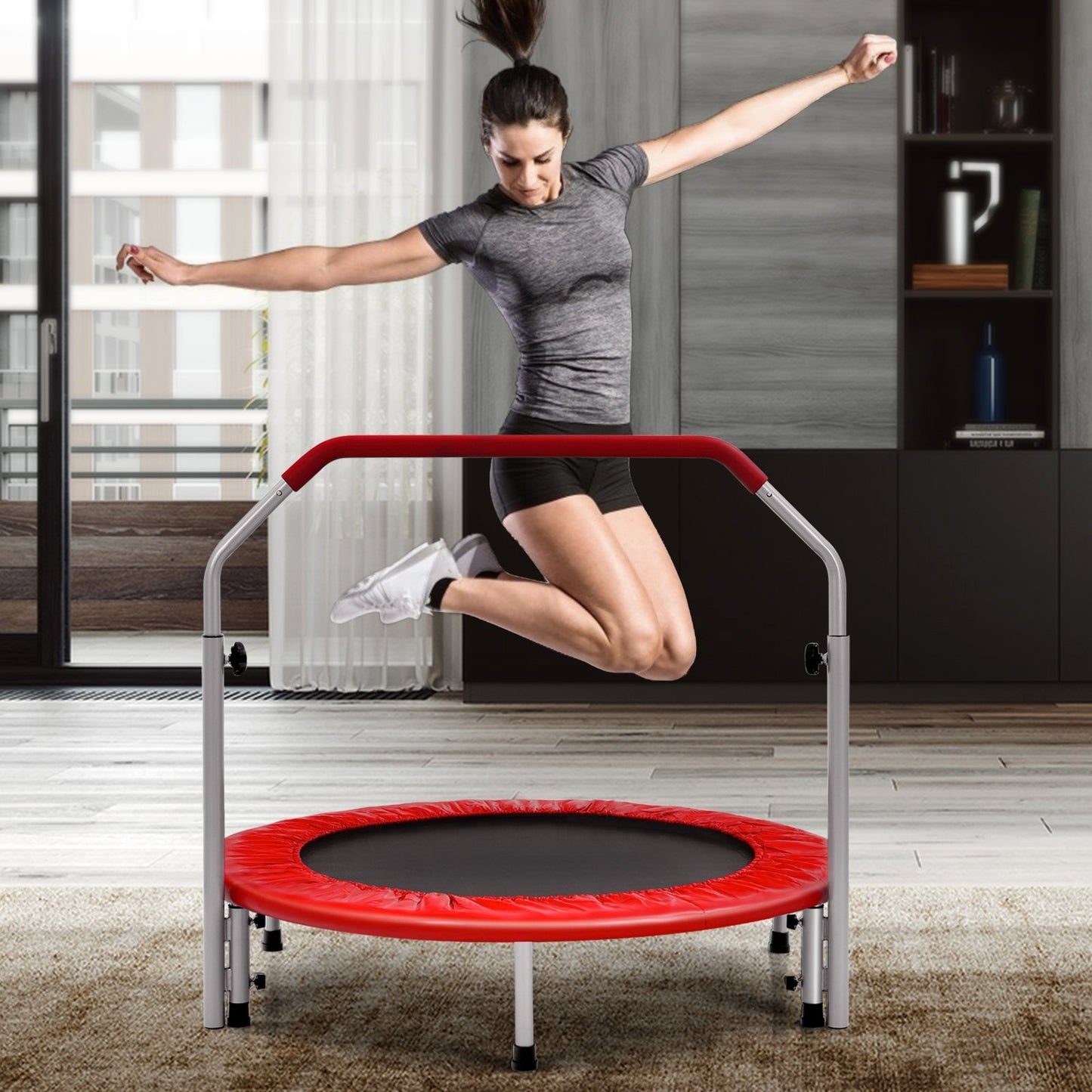 40 Inch Folding Exercise Trampoline Rebounder with 4-Level Handrail Carrying Bag, Red at Gallery Canada