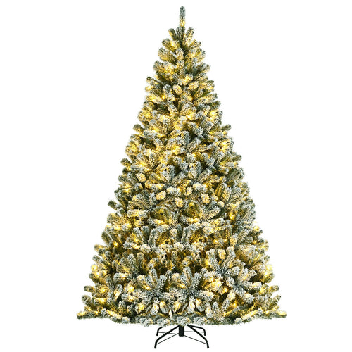 8 Feet Pre-lit Snow Flocked Christmas Tree with Tips and Metal Stand-8 ft, Green