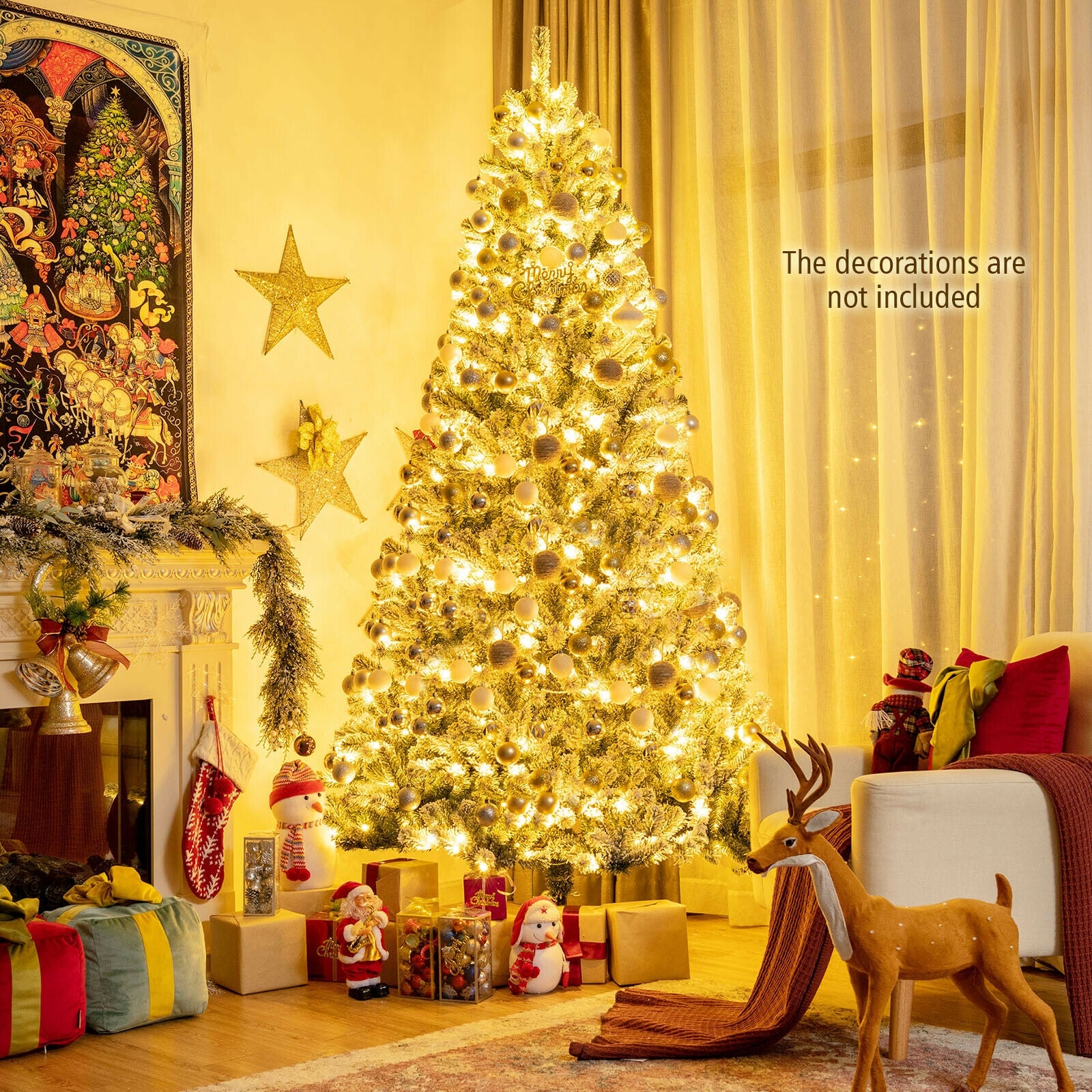 8 Feet Pre-lit Snow Flocked Christmas Tree with Tips and Metal Stand-8 ft, Green Christmas Tree at Gallery Canada
