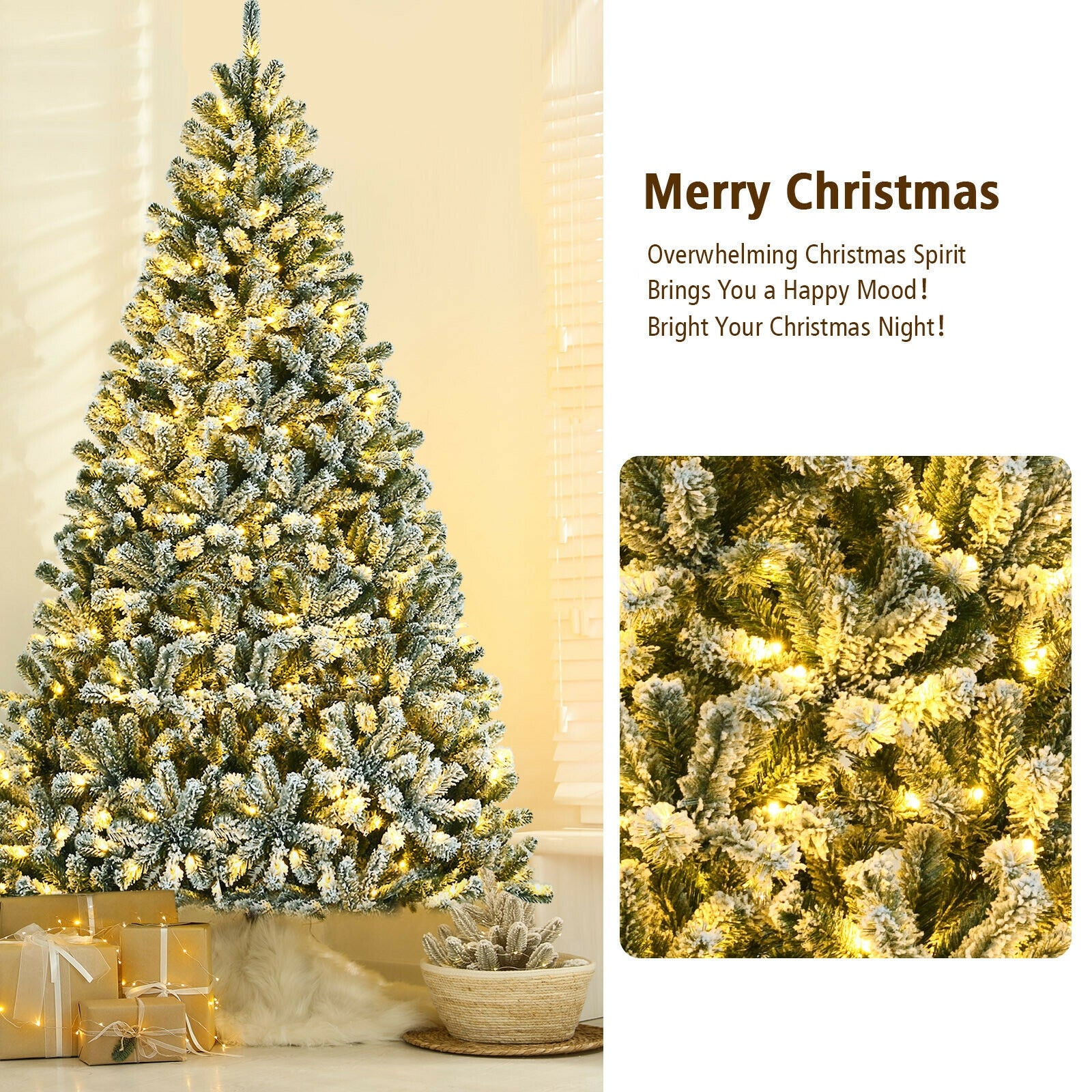 8 Feet Pre-lit Snow Flocked Christmas Tree with Tips and Metal Stand-8 ft, Green Christmas Tree at Gallery Canada