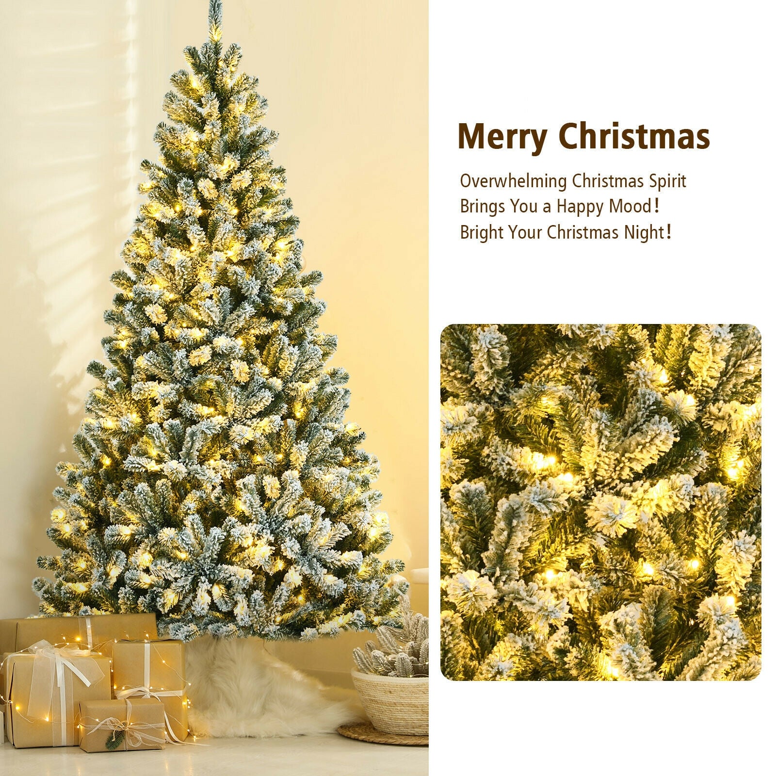 7 Feet Pre-lit Snow Flocked Hinged Christmas Tree with 1116 Tips and Metal Stand-7 ft, Green Christmas Tree at Gallery Canada