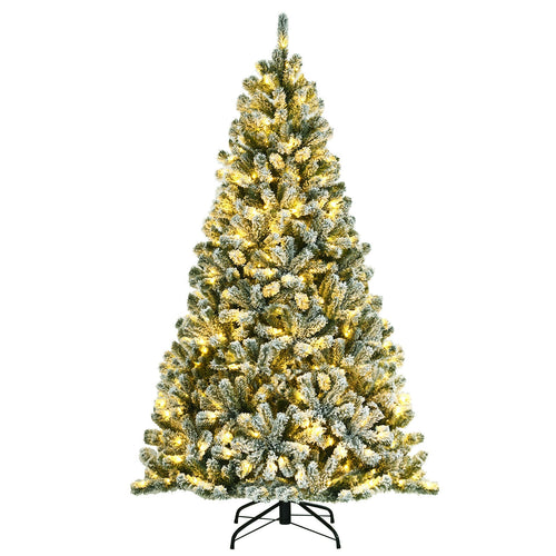 6 ft Pre-Lit Snow Flocked Hinged Christmas Tree, 928 Tips, Metal Stand, Green