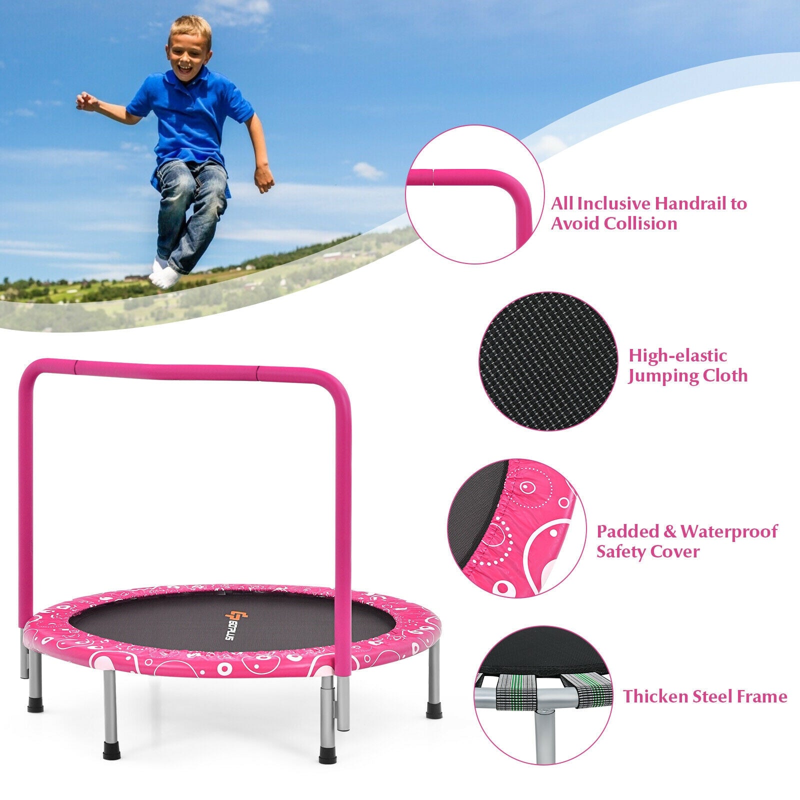 36 Inch Kids Trampoline Mini Rebounder with Full Covered Handrail , Pink Trampolines at Gallery Canada