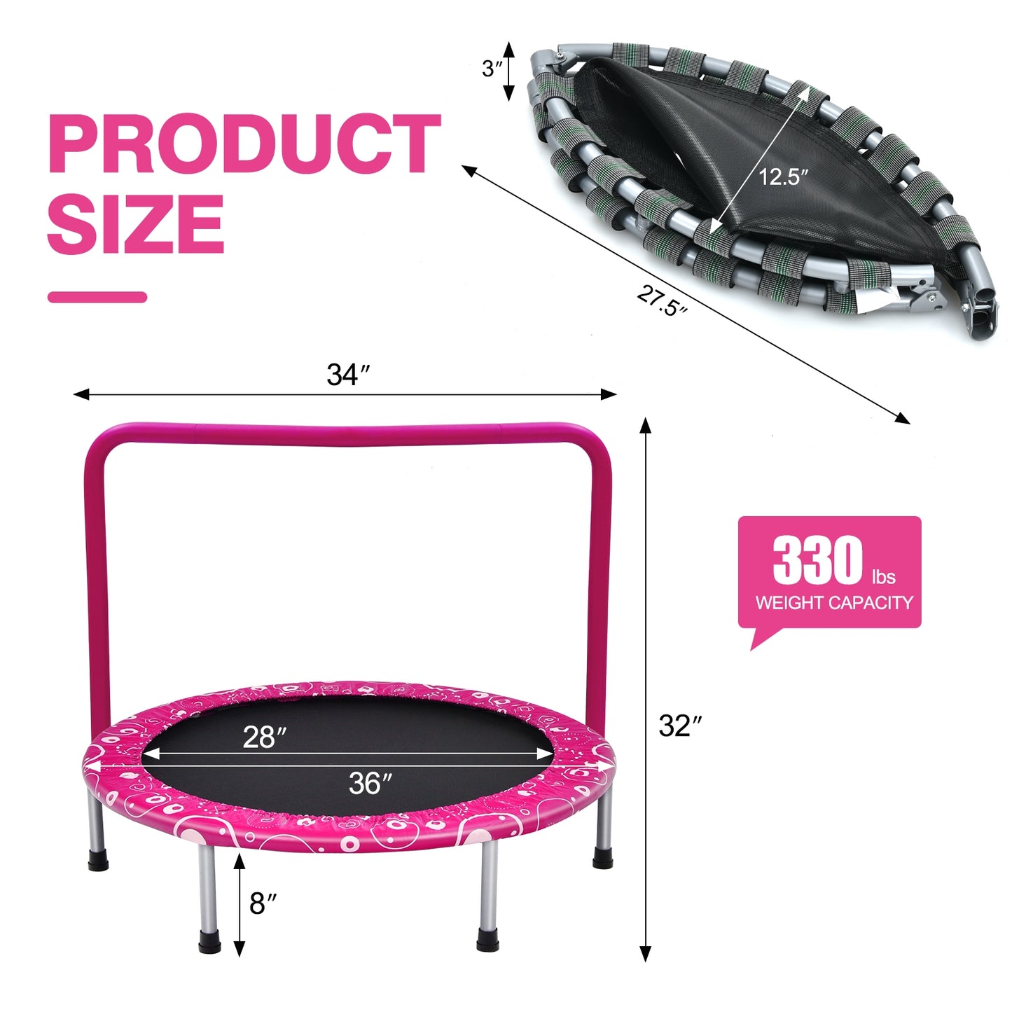 36 Inch Kids Trampoline Mini Rebounder with Full Covered Handrail , Pink Trampolines at Gallery Canada