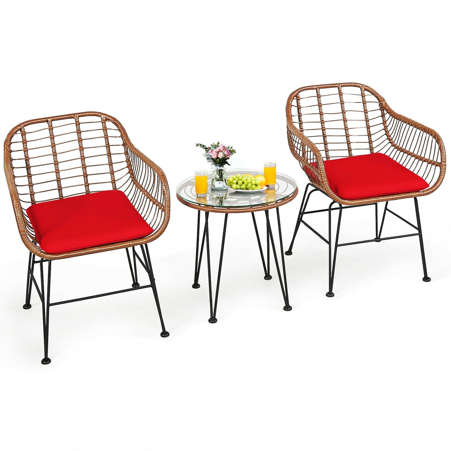 3 Pieces Patio Rattan Bistro Set with Cushion, Red Patio Conversation Sets at Gallery Canada