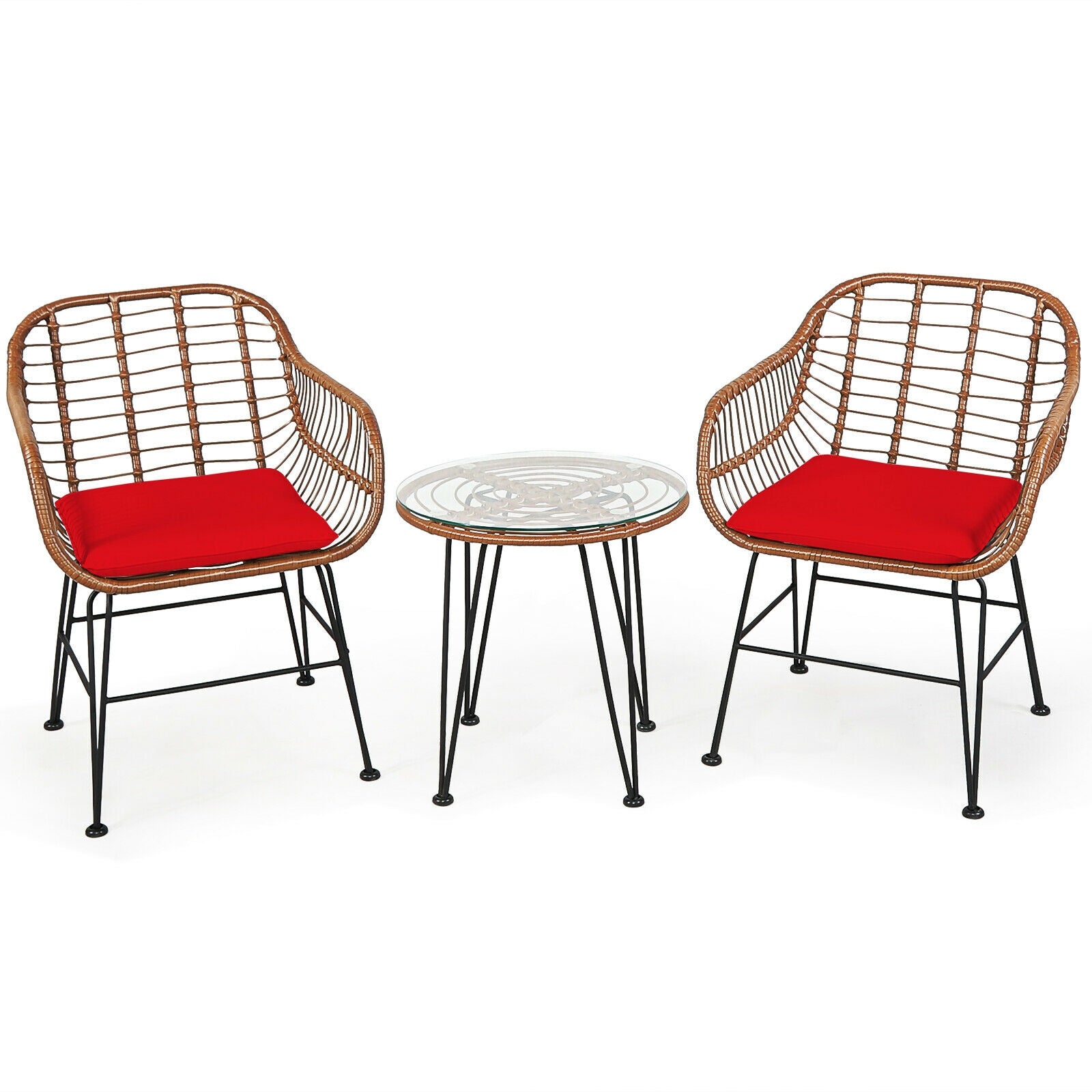 3 Pieces Patio Rattan Bistro Set with Cushion, Red Patio Conversation Sets at Gallery Canada