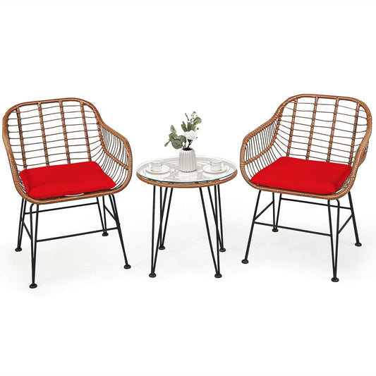 3 Piece Patio Rattan Bistro Set With Cushion, Red Patio Conversation Sets Red at Gallery Canada