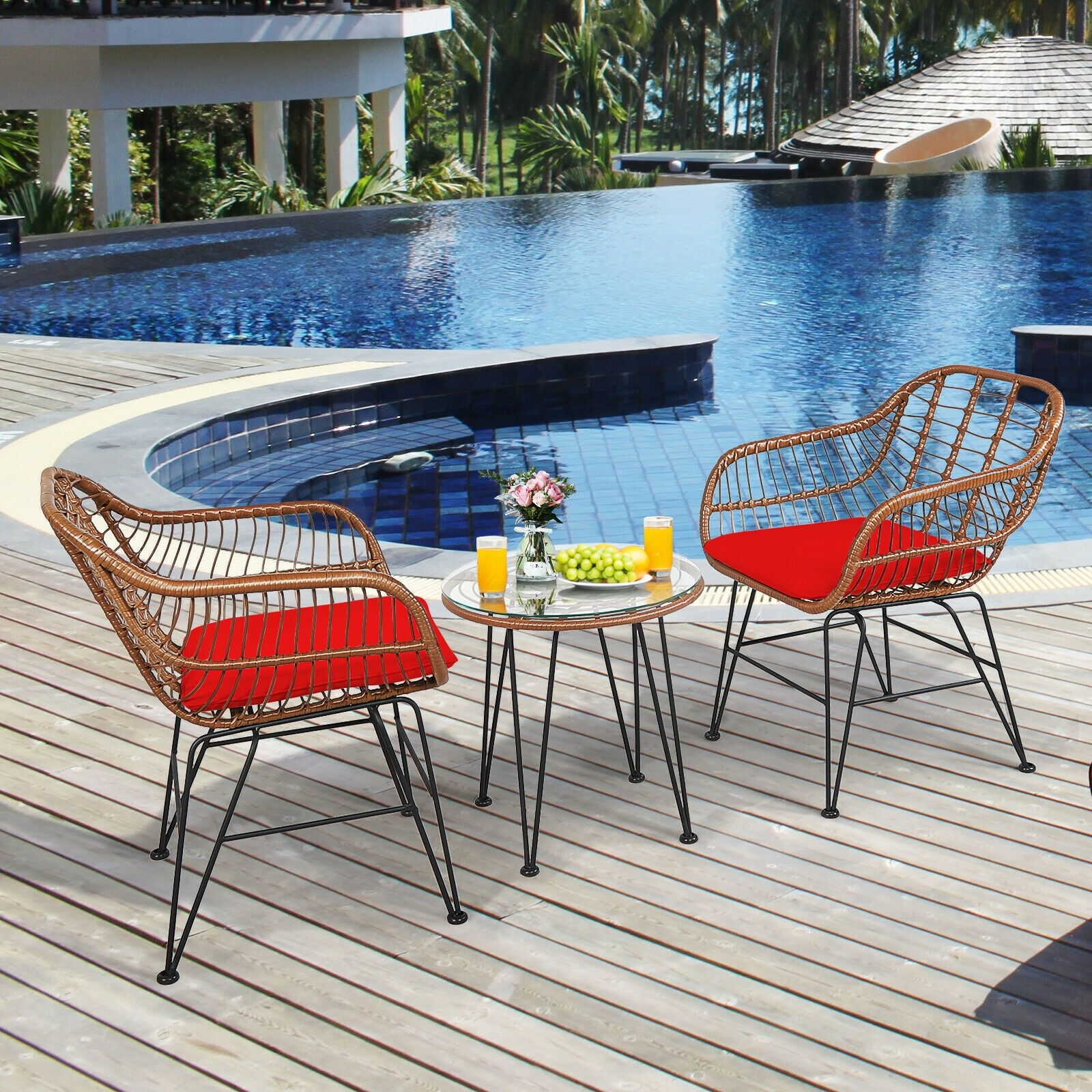 3 Pieces Patio Rattan Bistro Set with Cushion, Red Patio Conversation Sets at Gallery Canada