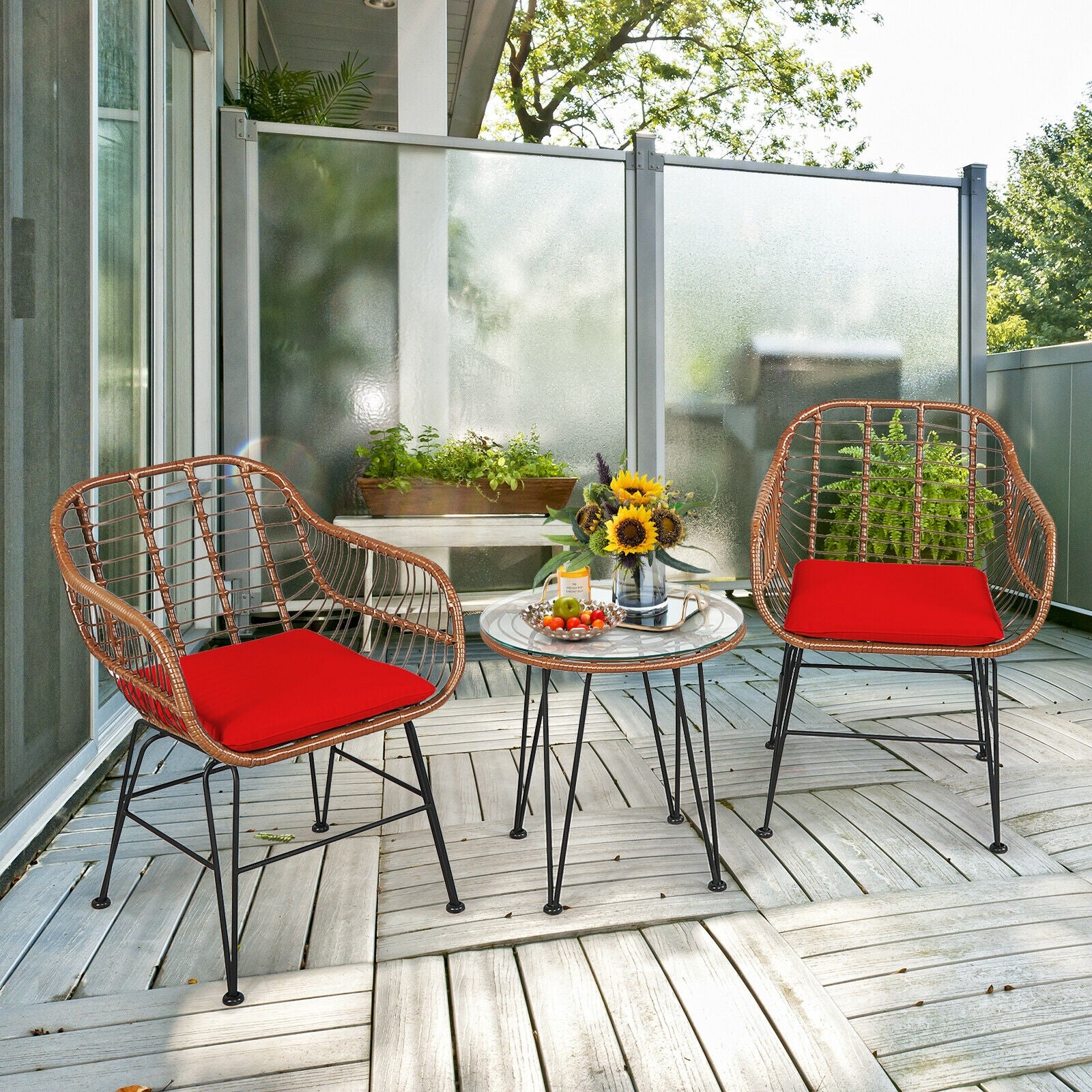 3 Pieces Patio Rattan Bistro Set with Cushion, Red Patio Conversation Sets at Gallery Canada