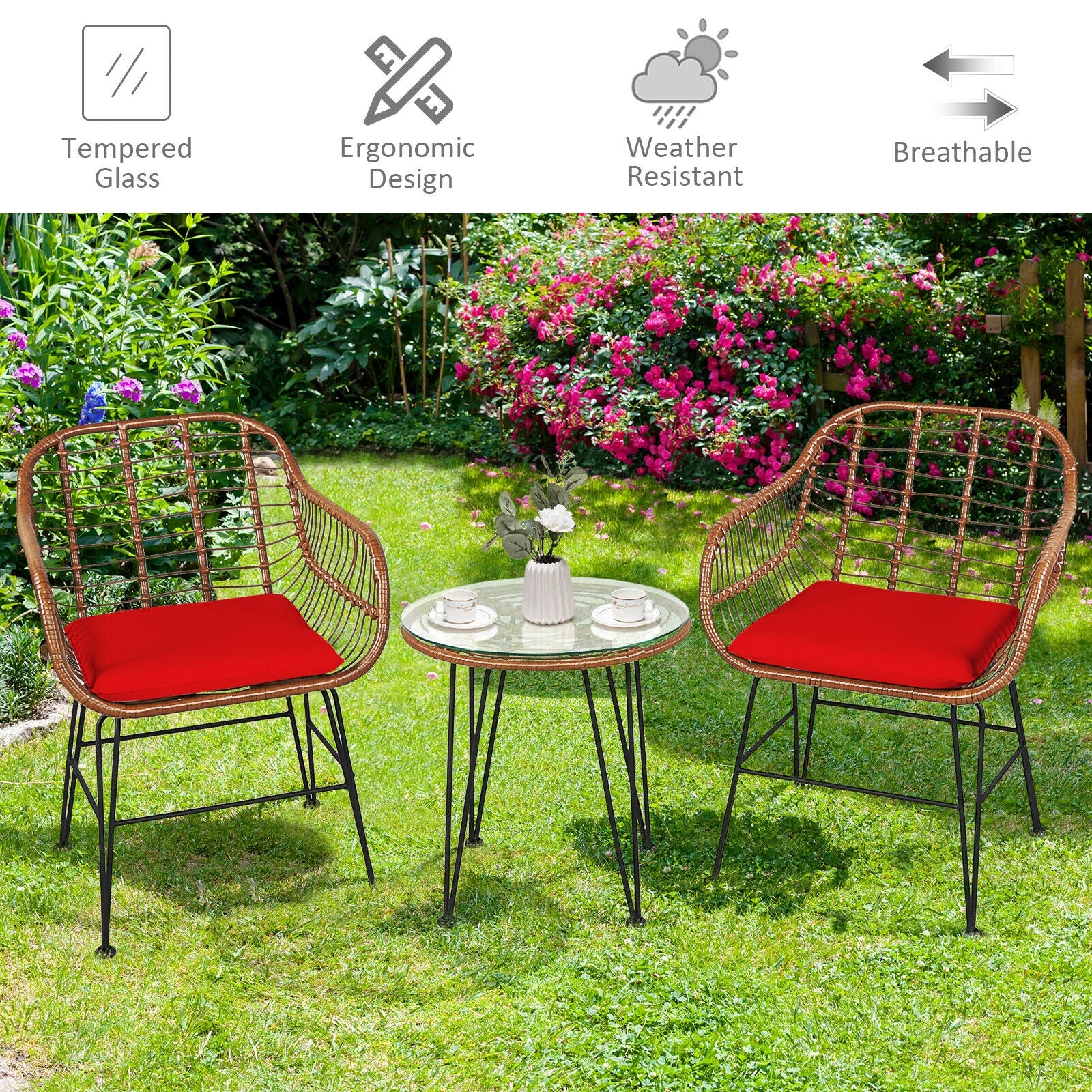 3 Pieces Patio Rattan Bistro Set with Cushion, Red Patio Conversation Sets at Gallery Canada