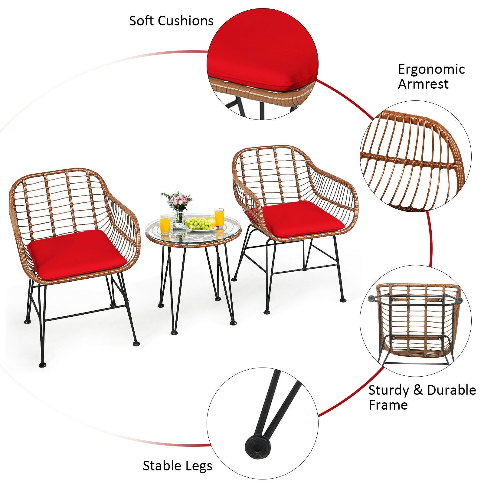 3 Pieces Patio Rattan Bistro Set with Cushion, Red Patio Conversation Sets at Gallery Canada