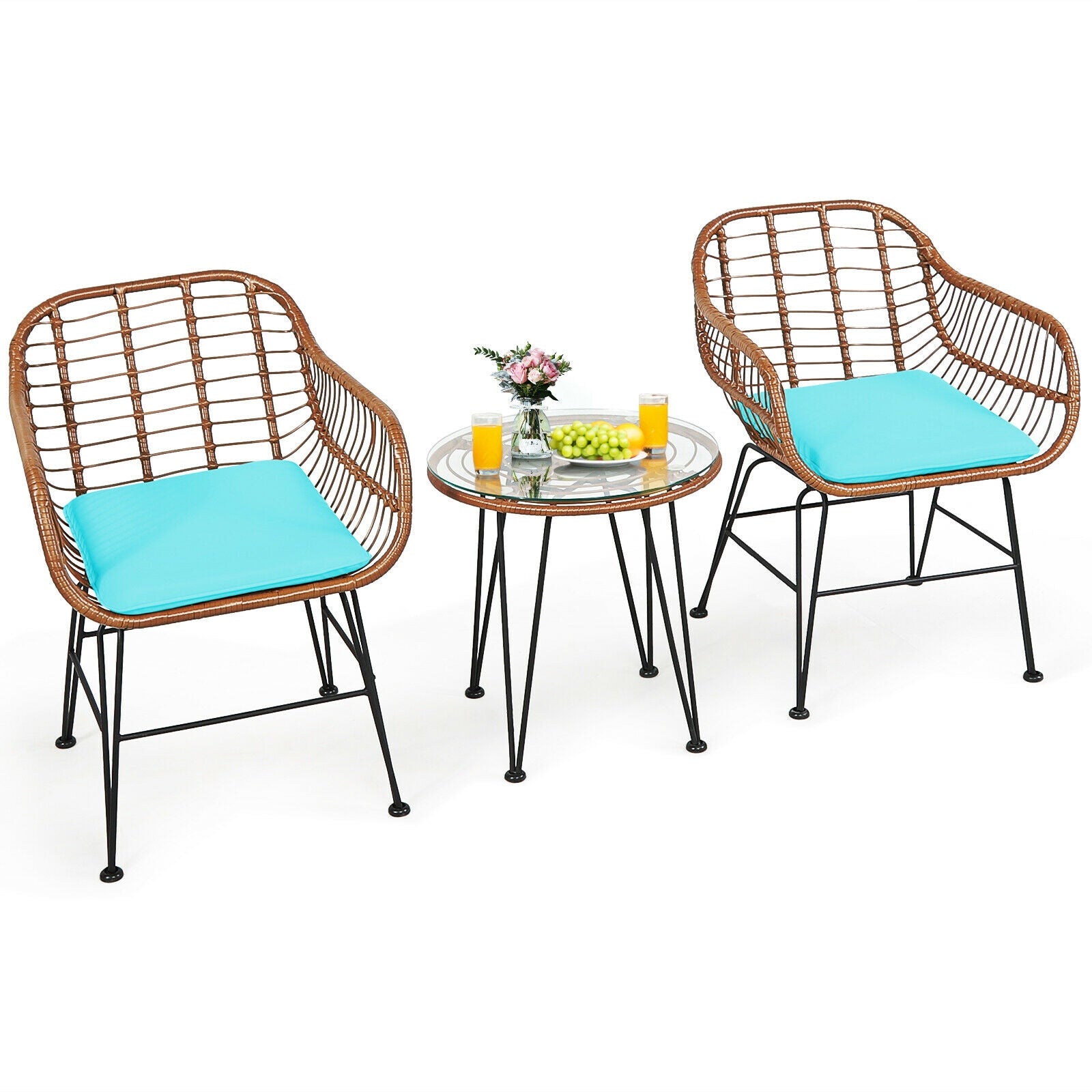 3 Pieces Patio Rattan Bistro Set with Cushion, Turquoise Patio Conversation Sets at Gallery Canada
