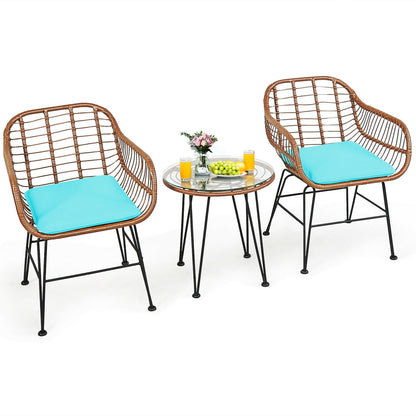 3 Pieces Patio Rattan Bistro Set with Cushion, Turquoise Patio Conversation Sets at Gallery Canada