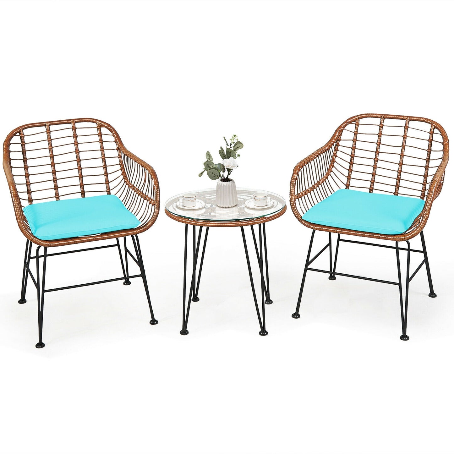 3 Pieces Patio Rattan Bistro Set with Cushion, Turquoise Patio Conversation Sets Turquoise at Gallery Canada
