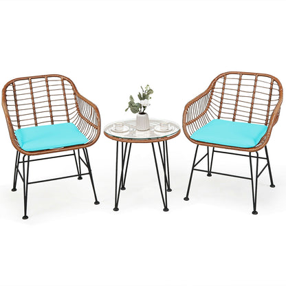3 Piece Patio Rattan Bistro Set With Cushion, Turquoise Patio Conversation Sets Turquoise at Gallery Canada