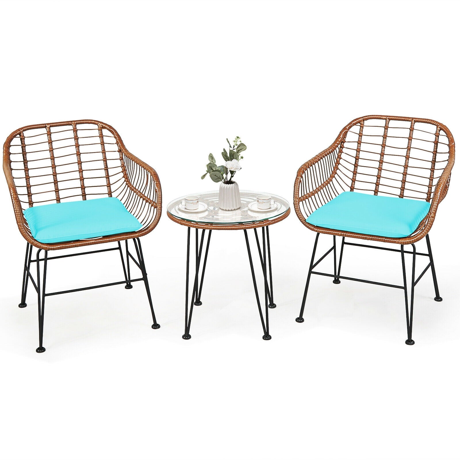 3 Piece Patio Rattan Bistro Set With Cushion, Turquoise Patio Conversation Sets at Gallery Canada