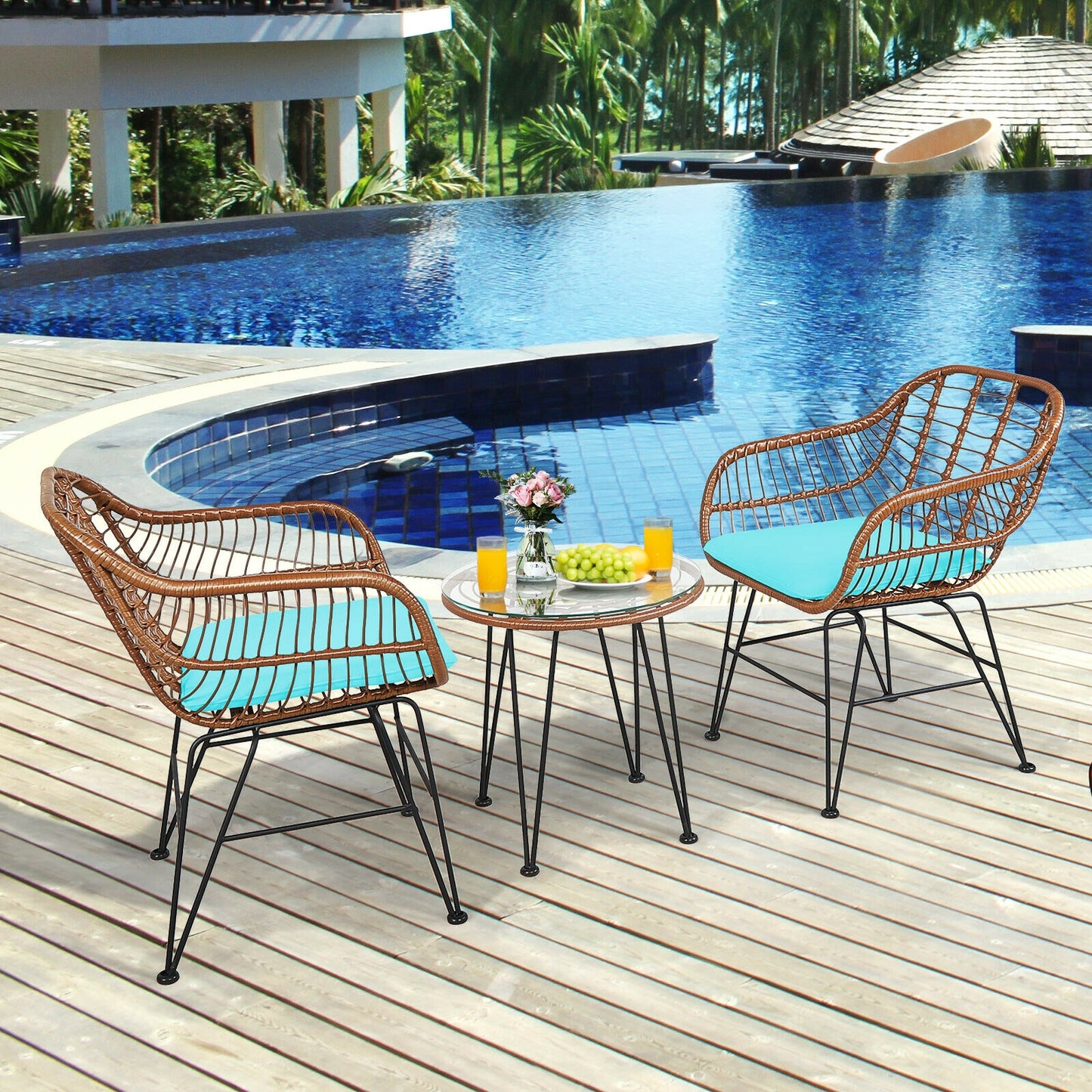 3 Pieces Patio Rattan Bistro Set with Cushion, Turquoise Patio Conversation Sets at Gallery Canada