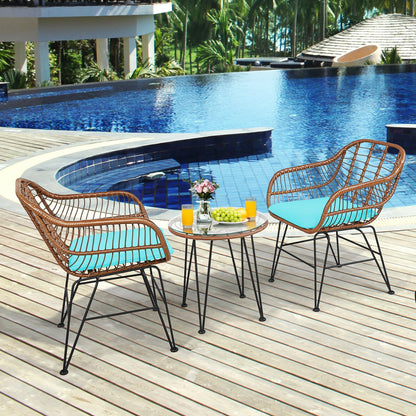 3 Pieces Patio Rattan Bistro Set with Cushion, Turquoise Patio Conversation Sets at Gallery Canada