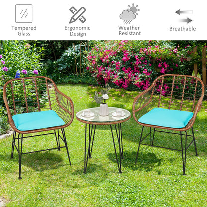 3 Pieces Patio Rattan Bistro Set with Cushion, Turquoise Patio Conversation Sets at Gallery Canada