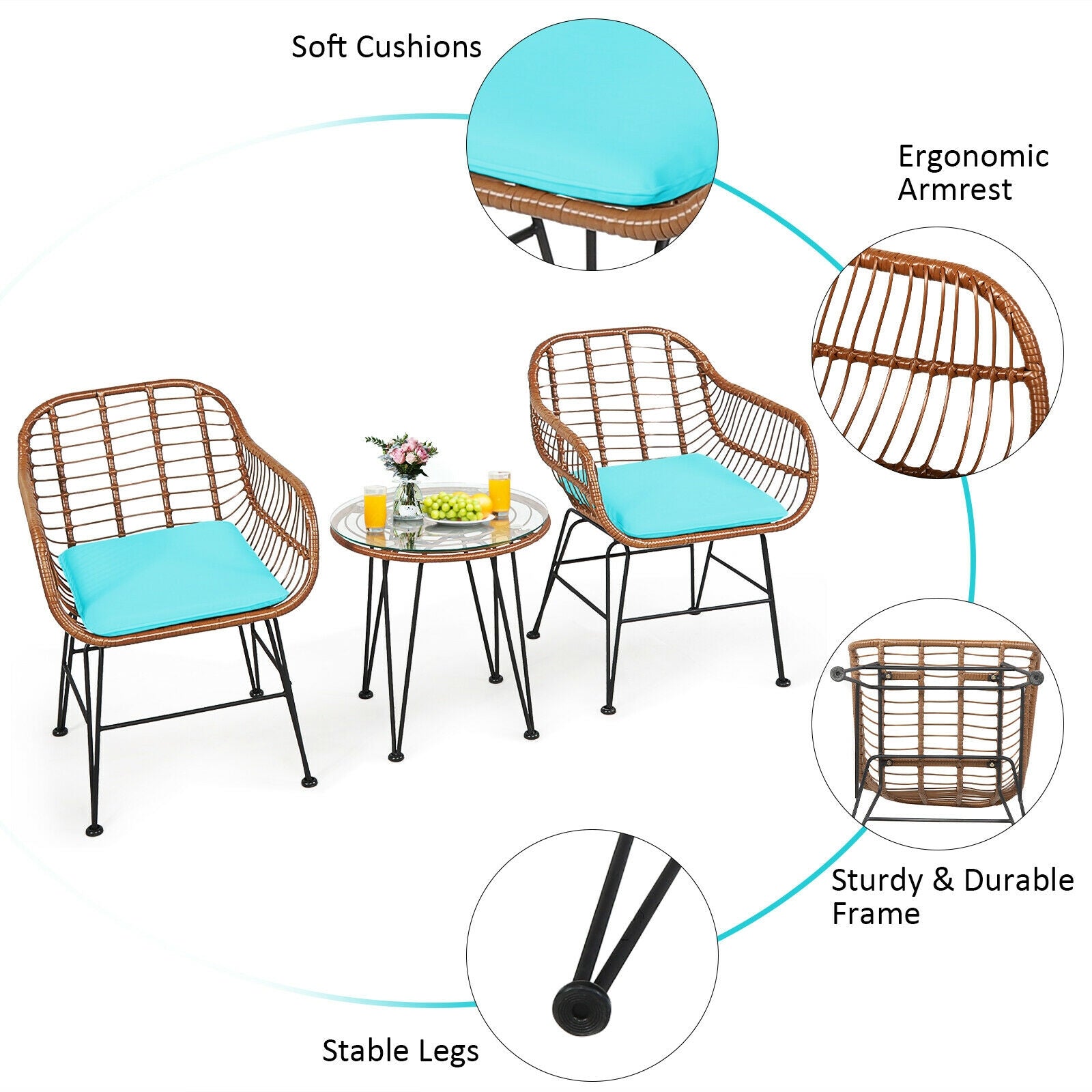 3 Pieces Patio Rattan Bistro Set with Cushion, Turquoise Patio Conversation Sets at Gallery Canada
