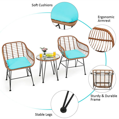 3 Pieces Patio Rattan Bistro Set with Cushion, Turquoise Patio Conversation Sets at Gallery Canada